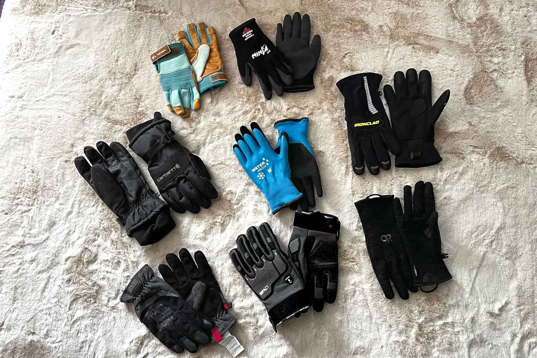 Multiple set of gloves on fur surface